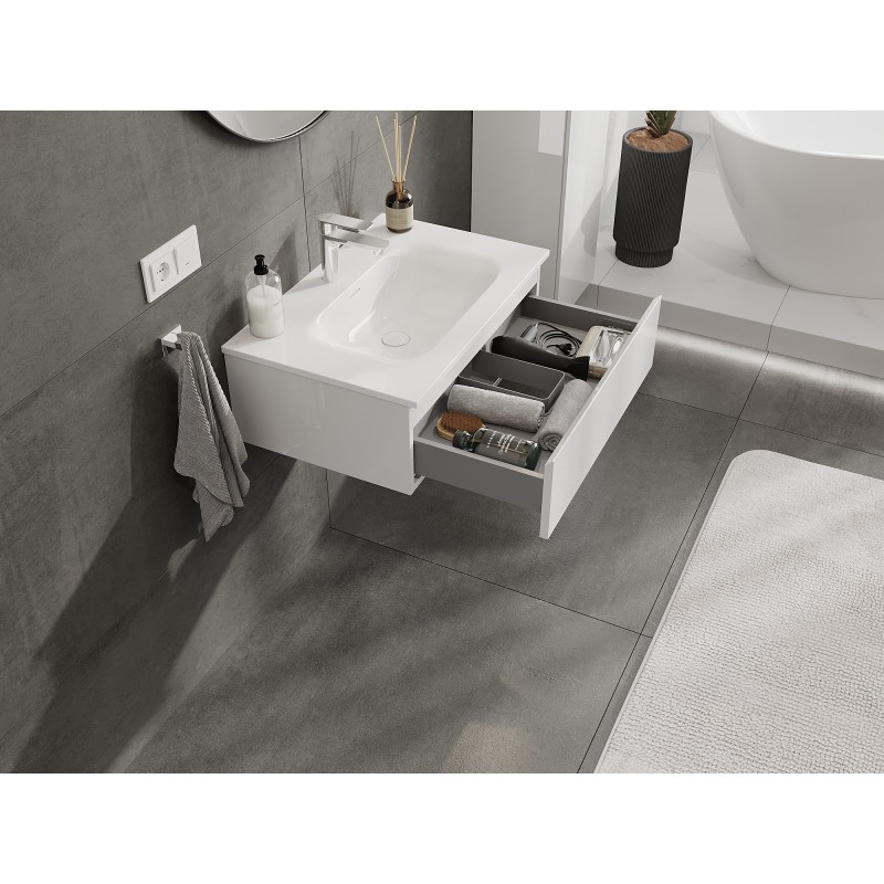 Mexen Orio fürdőszobai szekrény 70 cm Vela mosdóval, 1 fiók, fehér fényes - 91A10-07023-1-BF00-W23M00