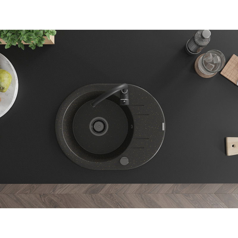 Mexen Kevin chiuvetă de granit cu 1 compartiment și picurător 586 x 458 mm, negru/auriu metalic, sifon negru - 6517581005-75-B