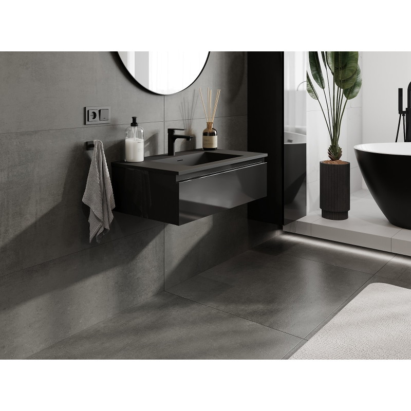 Mexen Orio 80 cm-es fürdőszobai szekrény mosdóval Otis, 1 fiók, fekete fény/fekete matt - 91A10-08023-1-BF70-W18M71
