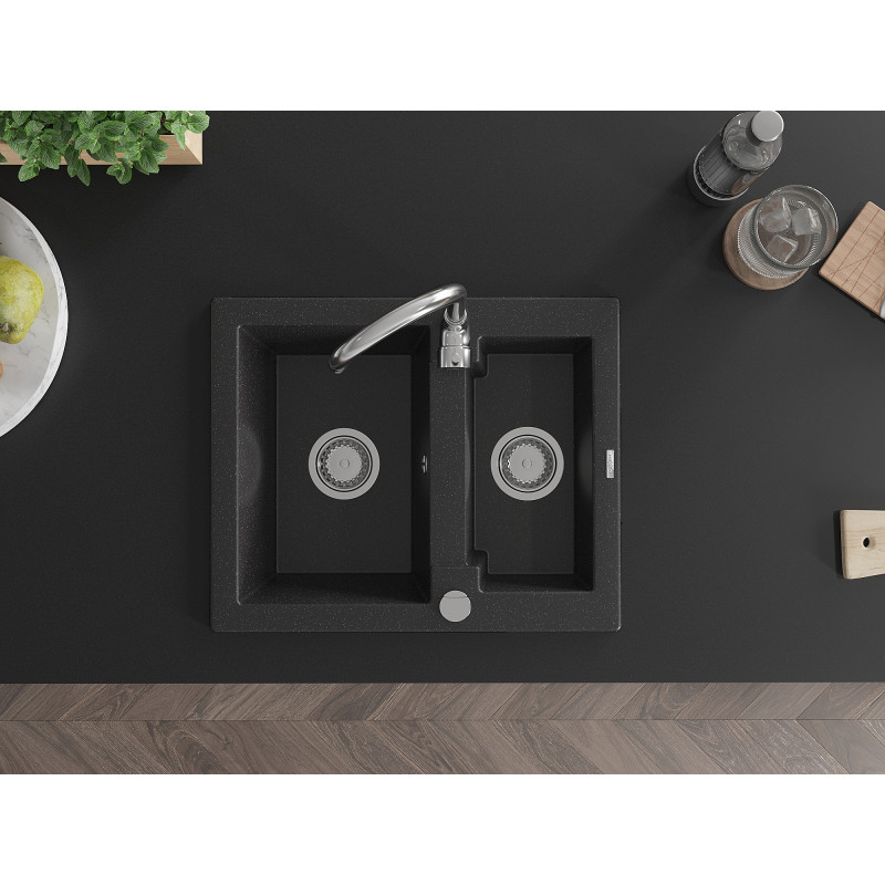 Mexen Carlos 582 x 475 mm-es 1,5 rekeszes gránit mosogató, fekete/ezüst metál, króm szifon - 6518581500-73