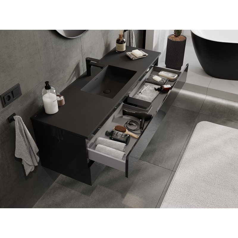 Mexen Orio fürdőszobai szekrény 140 cm Otis mosdóval, 2 fiók, fekete fényes/fekete matt - 91A10-14047-2-BFF70-W18M71