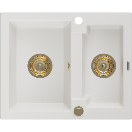 Mexen Carlos 1,5 rekeszes gránit mosogató 582 x 475 mm, fehér, arany szifon - 6518581500-20-G