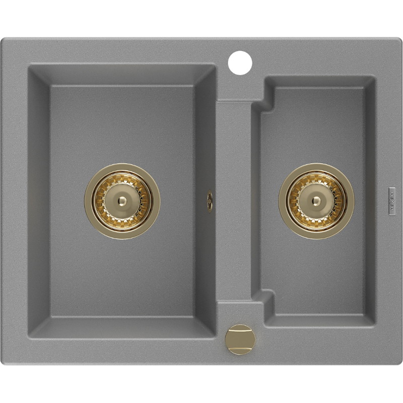 Mexen Carlos chiuvetă de bucătărie din granit cu 1,5 compartimente 582 x 475 mm, gri, sifon auriu - 6518581500-71-G