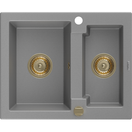 Mexen Carlos 1,5 medencés gránit mosogató 582 x 475 mm, szürke, arany szifonnal - 6518581500-71-G