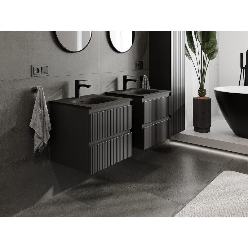 Mexen Rivel dulap baie 50 cm cu chiuvetă Vela, 2 sertare, canelată, negru mat - 91A20-05047-2-BFF71-W23M71