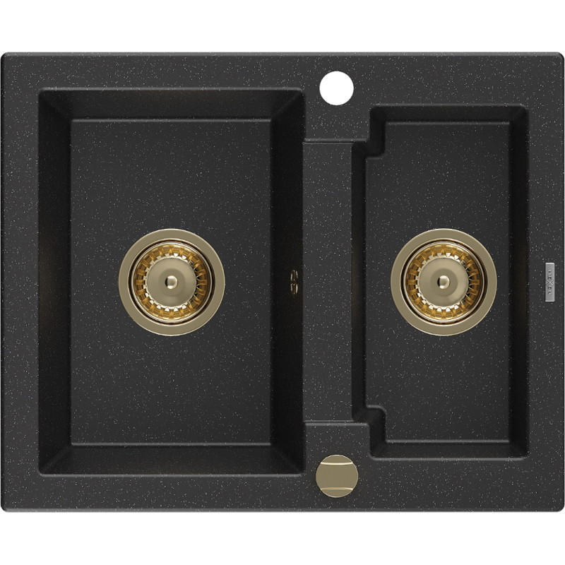 Mexen Carlos chiuvetă de granit cu 1,5 compartimente 582 x 475 mm, negru/argintiu metalic, sifon auriu - 6518581500-73-G