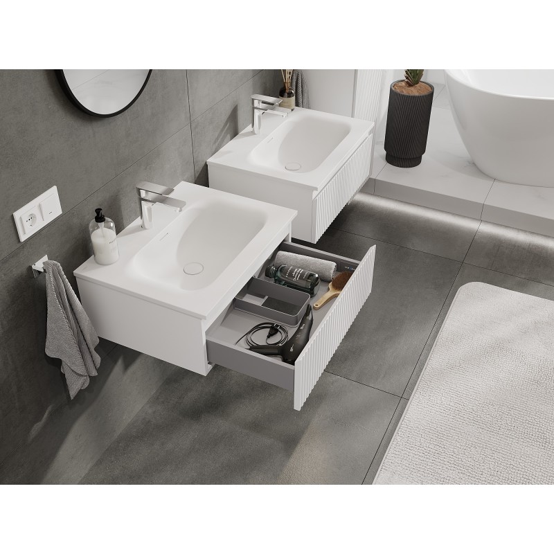 Mexen Rivel fürdőszobai szekrény 60 cm mosdóval Vela, 1 fiók, bordázott, fehér matt - 91A20-06023-1-BF01-W23M01