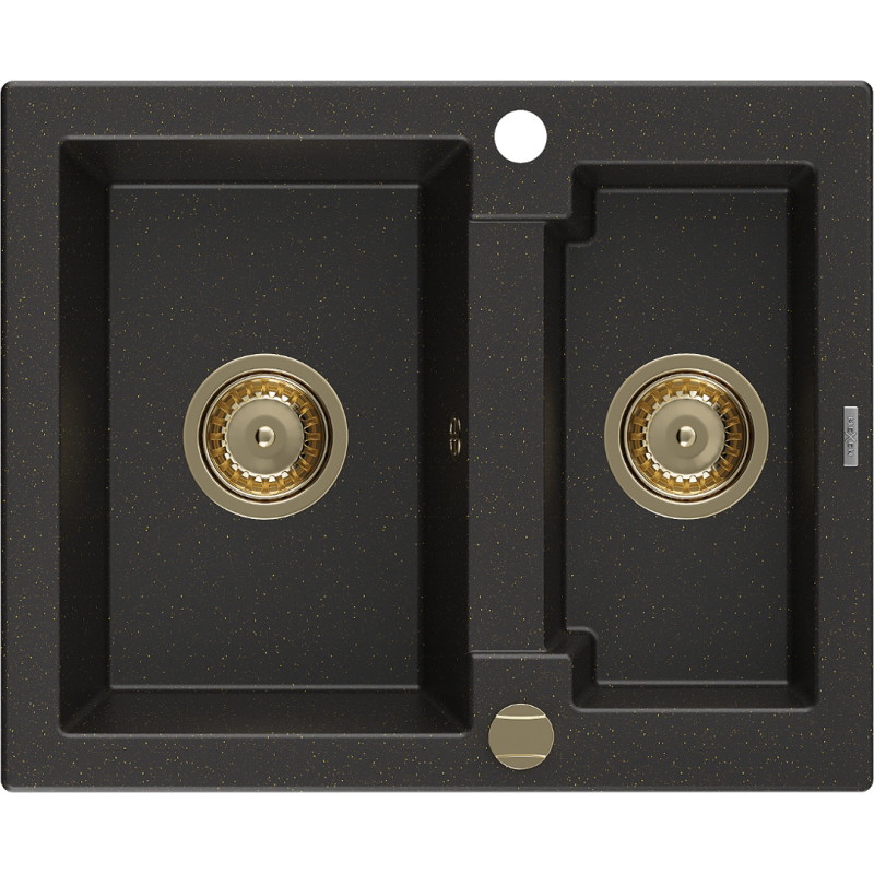 Mexen Carlos 1,5 medencés gránit mosogató 582 x 475 mm, fekete/arany metál, arany szifon - 6518581500-75-G