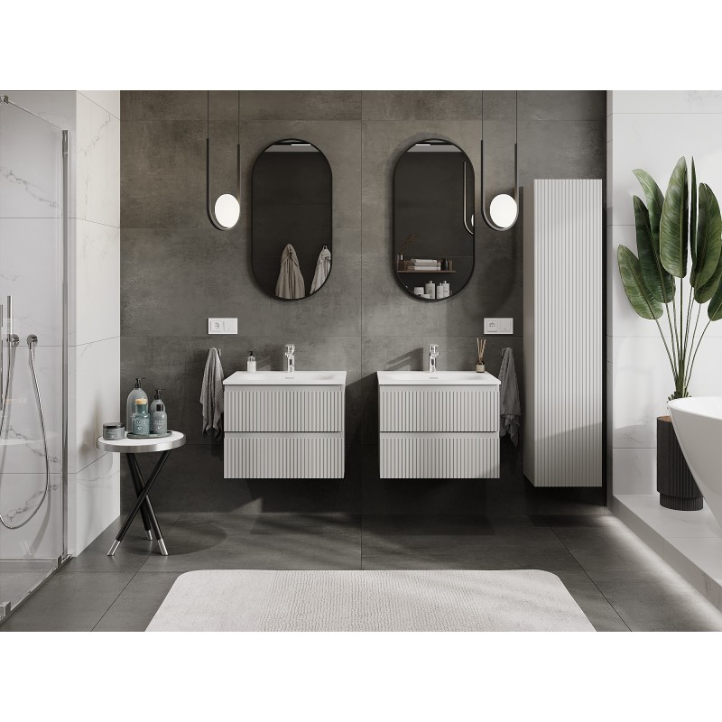 Mexen Rivel dulap baie 60 cm cu chiuvetă Vela, 2 sertare, riflat, gri mat/alb mat - 91A20-06047-2-BFF62-W23M01