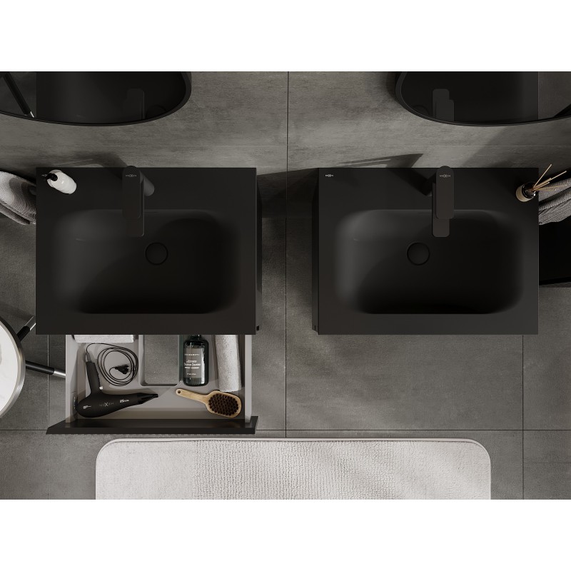 Mexen Rivel 60 cm-es fürdőszobai szekrény Vela mosdóval, 2 fiókos, bordázott, fekete matt - 91A20-06047-2-BFF71-W23M71