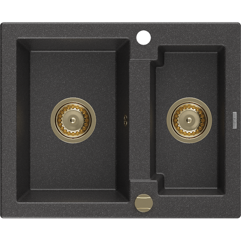 Mexen Carlos 1.5-medencés gránit mosogató 582 x 475 mm, Fekete foltos, szifon Arany - 6518581500-76-G