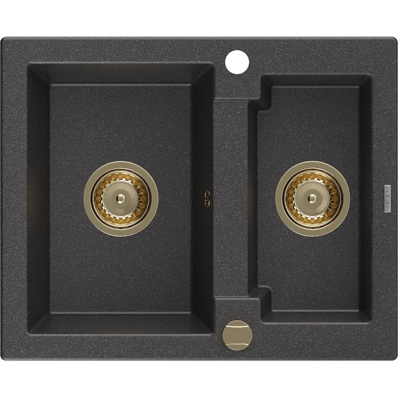 Mexen Carlos 1,5-medencés gránit mosogató 582 x 475 mm, fekete pöttyös, arany szifonnal - 6518581500-76-G