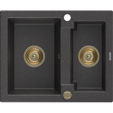 Mexen Carlos 1.5-medencés gránit mosogató 582 x 475 mm, Fekete foltos, szifon Arany - 6518581500-76-G