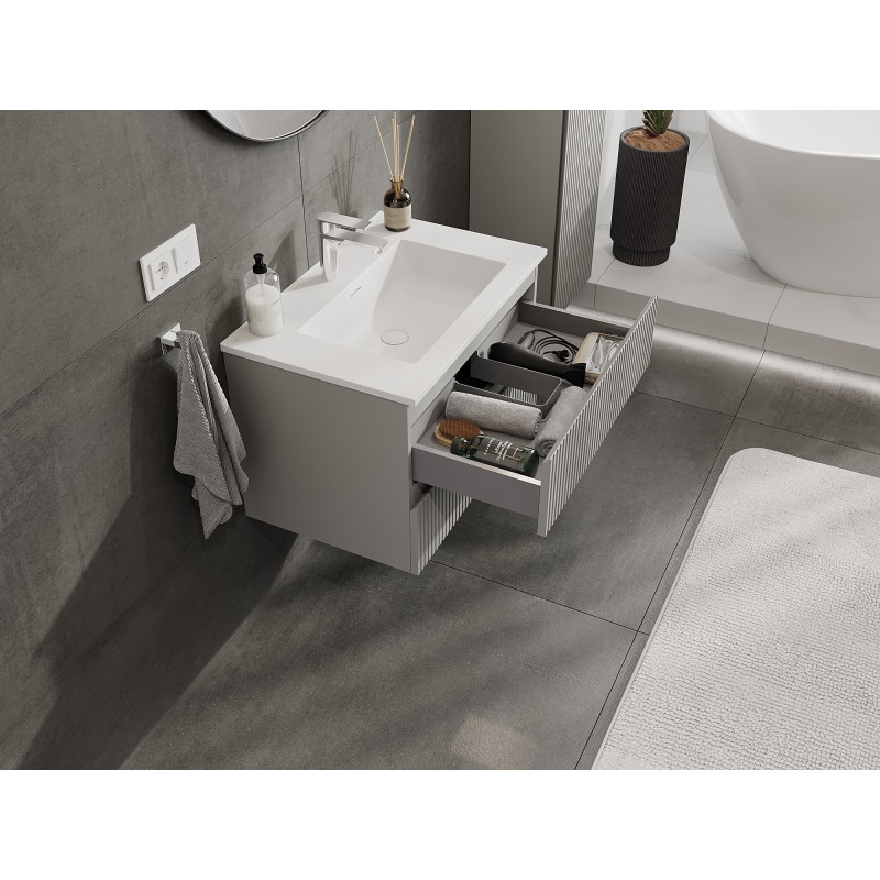 Mexen Rivel dulap baie 70 cm cu lavoar Otis, 2 sertare, cu nervuri, gri mat/ alb mat - 91A20-07047-2-BFF62-W18M01