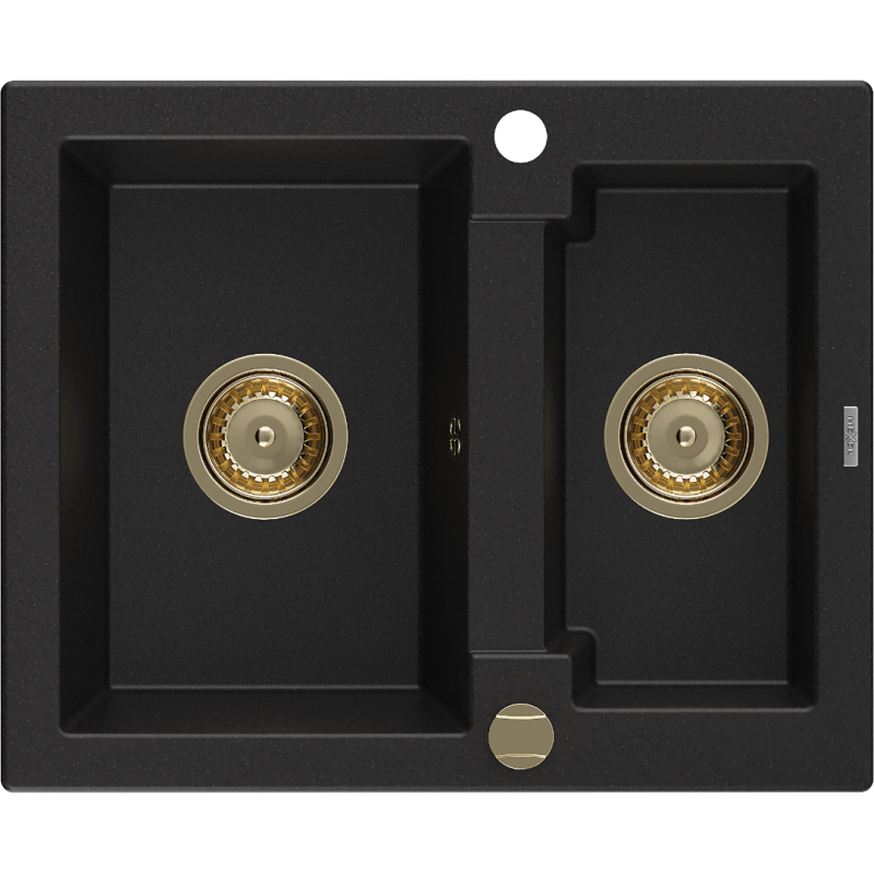 Mexen Carlos 1.5-medencés gránit mosogató 582 x 475 mm, Fekete, szifon Arany - 6518581500-77-G