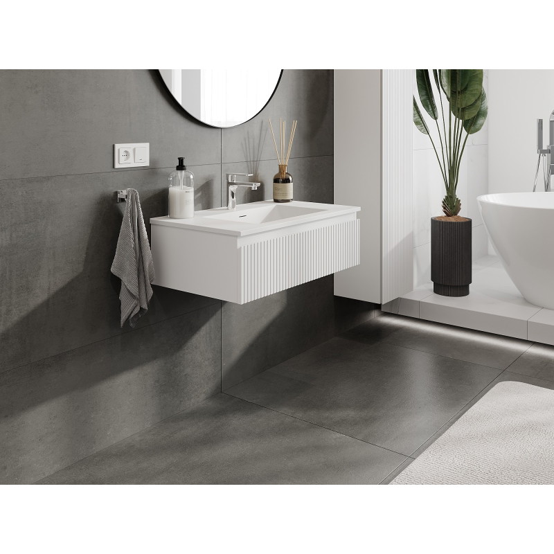Mexen Rivel dulap de baie 80 cm cu lavoar Otis, 1 sertar, față canelată, alb mat - 91A20-08023-1-BF01-W18M01