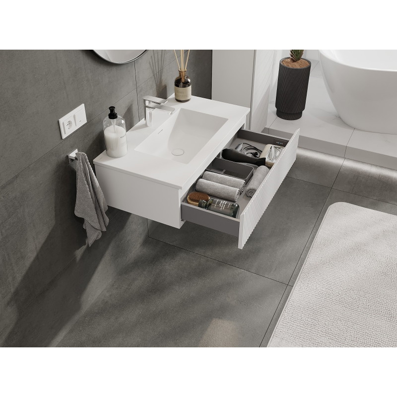 Mexen Rivel dulap de baie 80 cm cu lavoar Otis, 1 sertar, față canelată, alb mat - 91A20-08023-1-BF01-W18M01