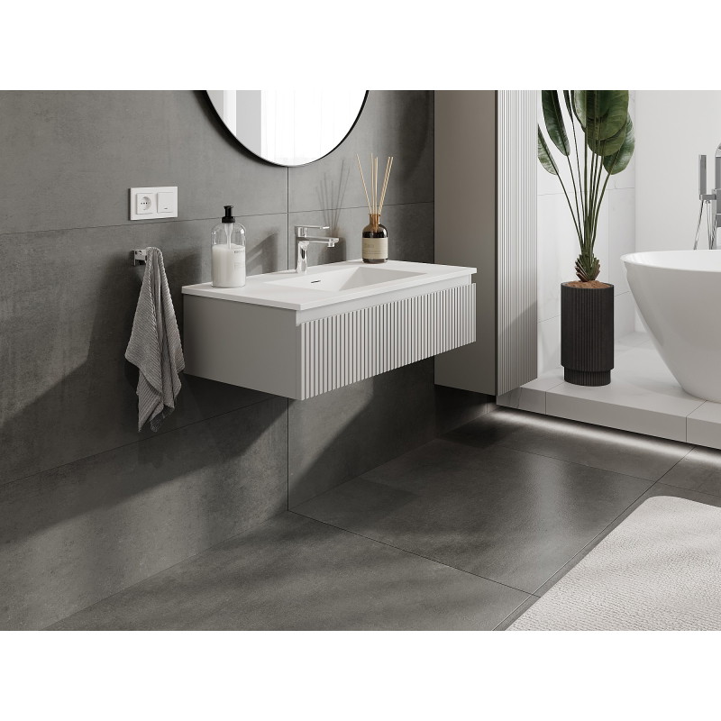 Mexen Rivel dulap de baie 90 cm cu lavoar Otis, 1 sertar, fațetă texturată, gri mat / alb mat - 91A20-09023-1-BF62-W18M01