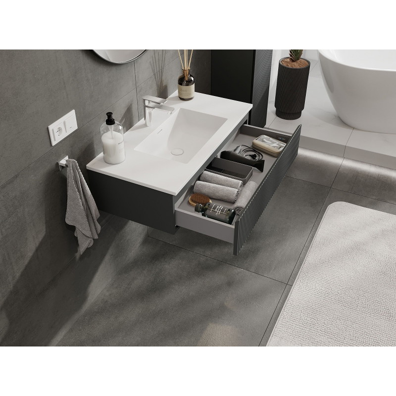 Mexen Rivel dulap de baie 90 cm cu lavoar Otis, 1 sertar, canelat, grafit mat/alb mat - 91A20-09023-1-BF66-W18M01