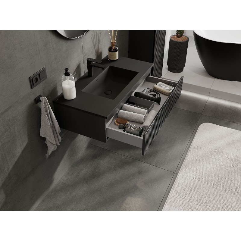 Mexen Rivel 90 cm-es mosdószekrény Otis mosdóval, 1 fiók, dombornyomott, fekete matt - 91A20-09023-1-BF71-W18M71
