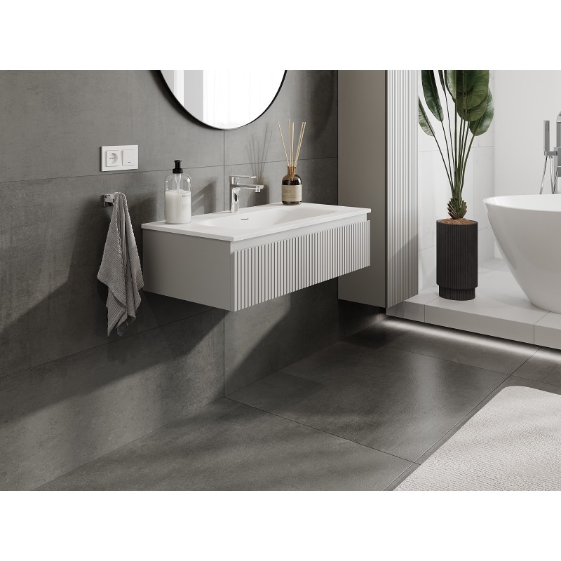 Mexen Rivel dulap de baie 90 cm cu lavoar Vela, 1 sertar, canelat, gri mat/alb mat - 91A20-09023-1-BF62-W23M01