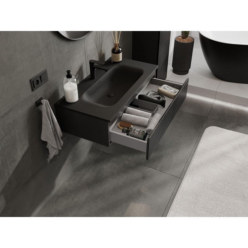 Mexen Rivel dulap baie 90 cm cu lavoar Vela, 1 sertar, canelat, negru mat - 91A20-09023-1-BF71-W23M71