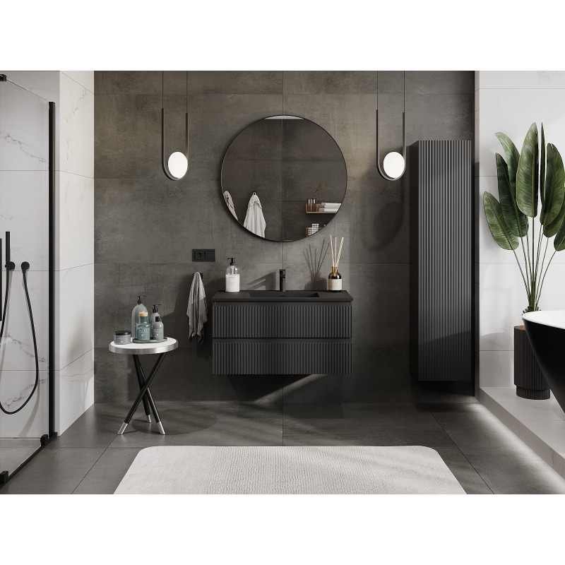 Mexen Rivel dulap baie 90 cm cu chiuvetă Otis, 2 sertare, șanțuri, negru mat - 91A20-09047-2-BFF71-W18M71