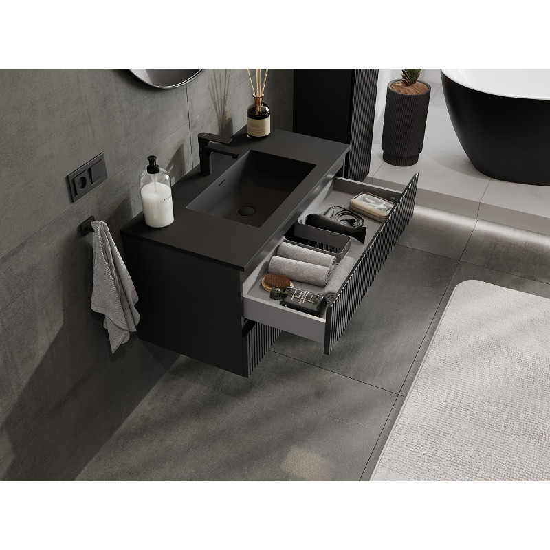 Mexen Rivel dulap de baie 90 cm cu chiuvetă Otis, 2 sertare, canelat, negru mat - 91A20-09047-2-BFF71-W18M71