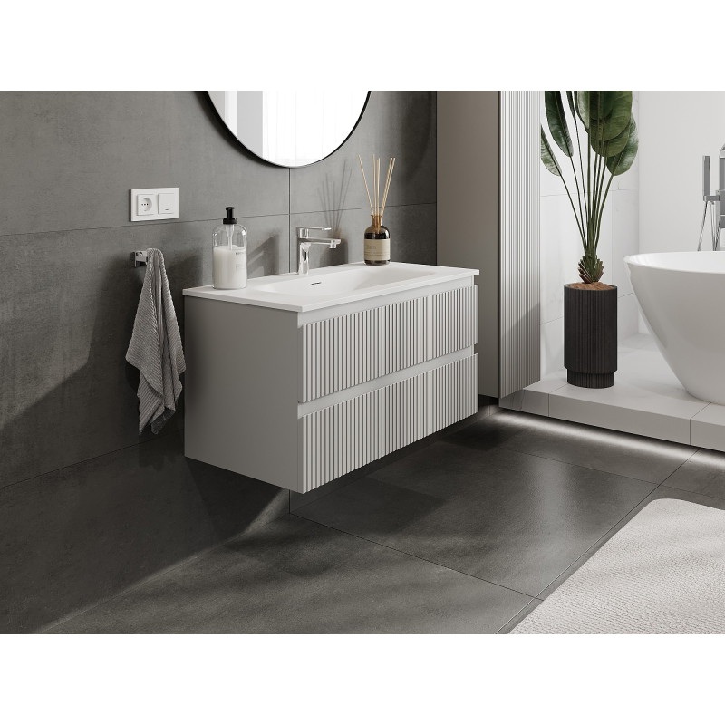 Mexen Rivel dulap baie 90 cm cu lavoar Vela, 2 sertare, striat, gri mat/alb mat - 91A20-09047-2-BFF62-W23M01