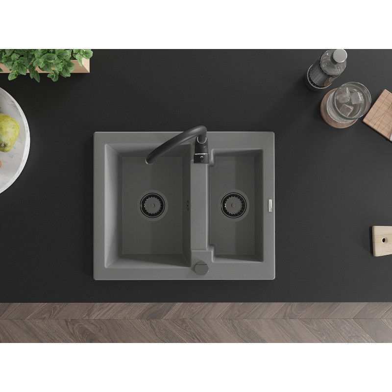 Mexen Carlos chiuvetă de granit 1,5 compartimente 582 x 475 mm, gri, sifon negru - 6518581500-71-B
