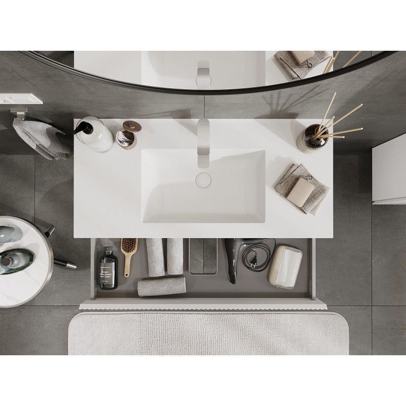 Mexen Rivel 100 cm-es fürdőszobai szekrény Otis mosdóval, 2 fiókos, bordázott, matt fehér - 91A20-10047-2-BFF01-W18M01