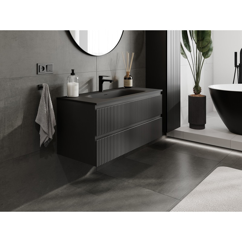 Mexen Rivel dulap baie 100 cm cu lavoar Vela, 2 sertare, canelat, negru mat - 91A20-10047-2-BFF71-W23M71