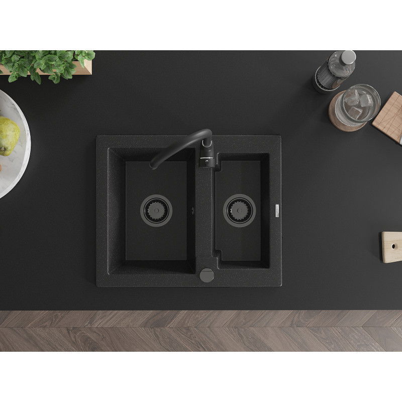 Mexen Carlos chiuvetă granit 1,5 compartimente 582 x 475 mm, negru/argintiu metalic, sifon negru - 6518581500-73-B