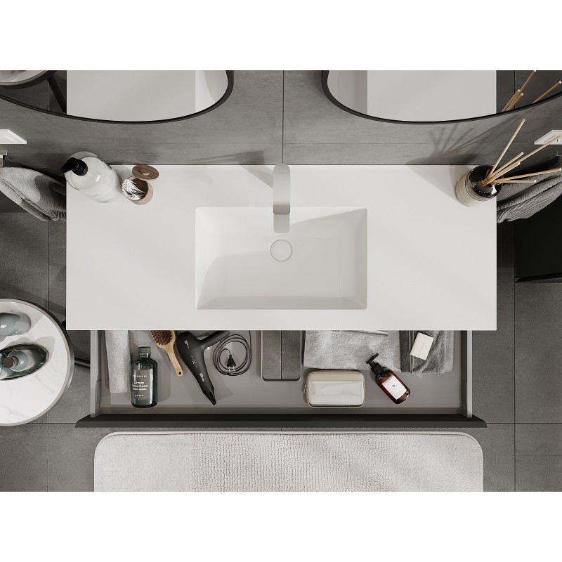 Mexen Rivel 120 cm-es fürdőszobaszekrény Otis mosdóval, 1 fiók, bordázott, grafit matt/fehér matt -