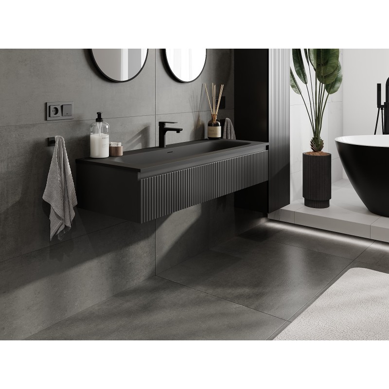 Mexen Rivel 120 cm-es fürdőszobai szekrény Vela mosdóval, 1 fiók, bordázott, fekete matt - 91A20-12023-1-BF71-W23M71