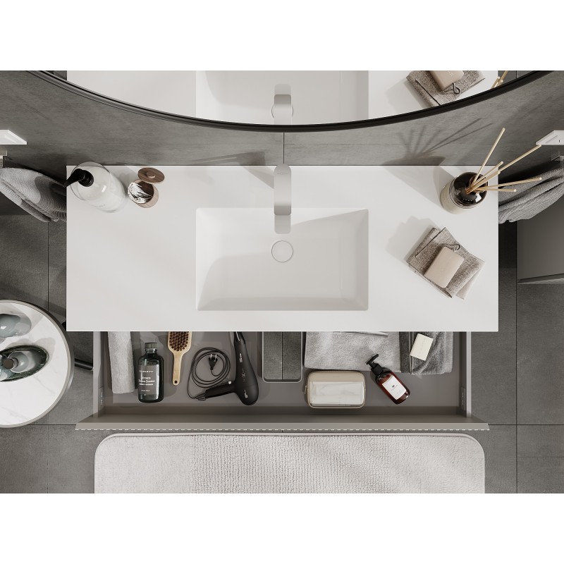 Mexen Rivel Otis 120 cm-es fürdőszobaszekrény mosdókagylóval, 2 fiókos, bordázott, szürke matt/fehér matt -