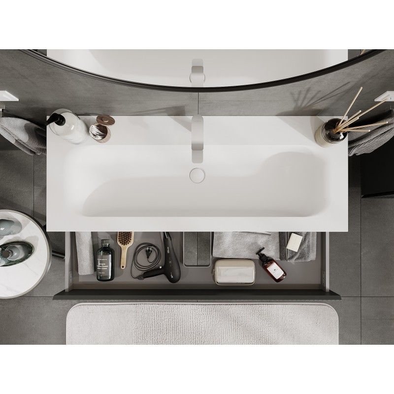 Mexen Rivel 120 cm-es fürdőszobai szekrény mosdóval Vela, 2 fiók, bordázott, grafit matt/fehér matt -