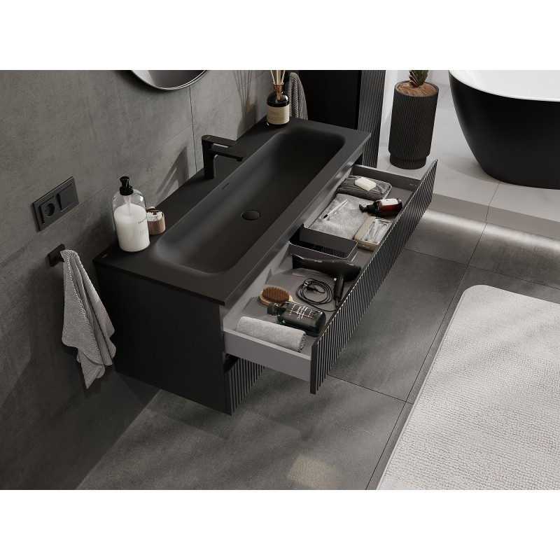 Mexen Rivel dulap baie 120 cm cu lavoar Vela, 2 sertare, canelat, negru mat - 91A20-12047-2-BFF71-W23M71