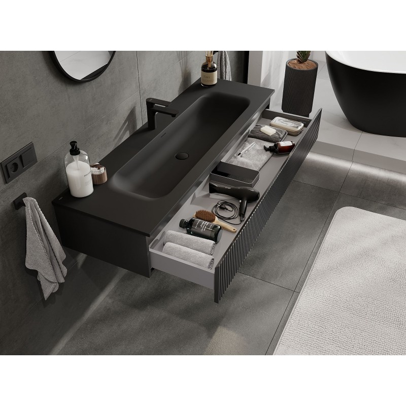 Mexen Rivel dulap baie 140 cm cu chiuvetă Vela, 1 sertar, riflat, negru mat - 91A20-14023-1-BF71-W23M71