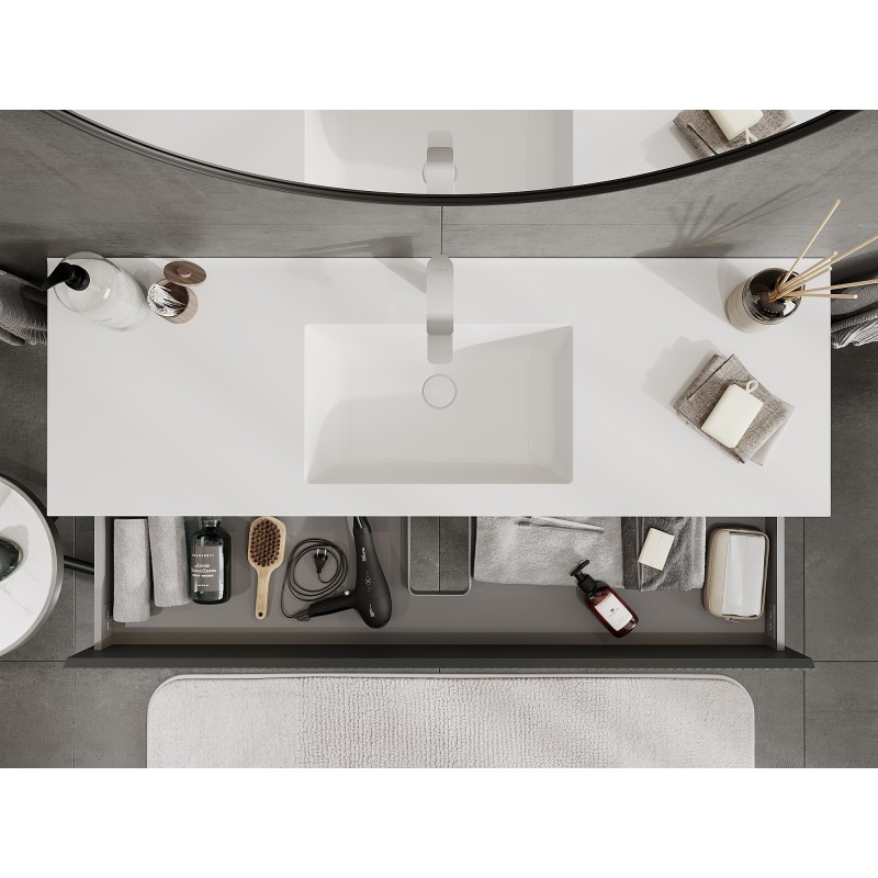 Mexen Rivel 140 cm-es fürdőszobaszekrény mosdóval Otis, 2 fiók, bordázott, grafit matt/fehér matt -