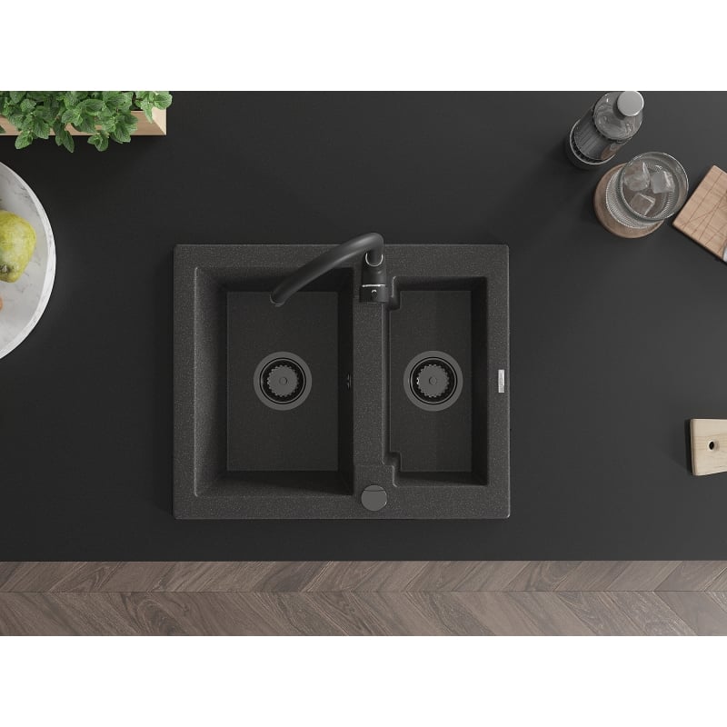 Mexen Carlos chiuvetă de granit cu 1,5 compartimente 582 x 475 mm, negru stropit, sifon negru - 6518581500-76-B