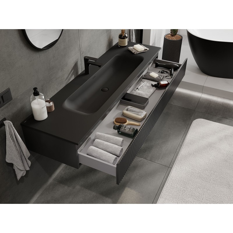 Mexen Rivel dulap baie 160 cm cu chiuvetă Vela, 1 sertar, canelat, negru mat - 91A20-16023-1-BF71-W23M71