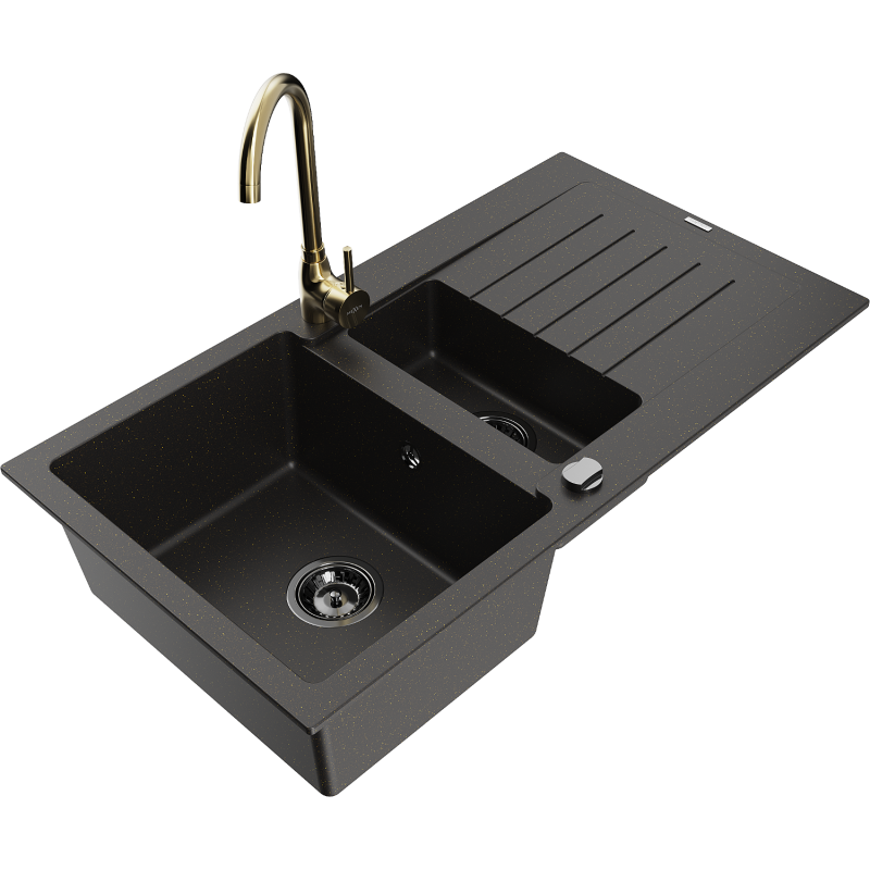 Chiuvetă granit Mexen Matias 1,5 camere cu scurgător și baterie de bucătărie Telma, negru/auriu - 6502-75-670200-50-B