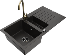 Chiuvetă granit Mexen Matias 1,5 camere cu scurgător și baterie de bucătărie Telma, negru/auriu - 6502-75-670200-50-B