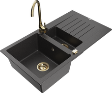 Mexen Matias 1,5 rekeszes gránit mosogató csepegtetővel és Telma konyhai csapteleppel, fekete pöttyös - 6502-76-670200-50