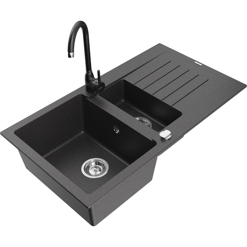 Mexen Matias chiuvetă de granit cu 1,5 compartimente cu scurgător și baterie de bucătărie Telma, neagră cu pete