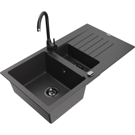 Chiuvetă granitică Mexen Matias, 1,5 camere cu scurgător și baterie de bucătărie Telma, negru pătat - 6502-76-670200-70-B