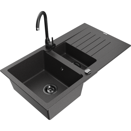 Mexen Matias chiuvetă de granit cu 1,5 camere cu scurgător și baterie de bucătărie Telma, negru cu pete - 6502-76-670200-70-B