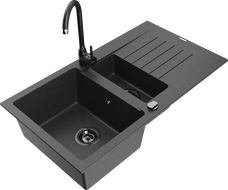 Chiuvetă granitică Mexen Matias, 1,5 camere cu scurgător și baterie de bucătărie Telma, negru pătat - 6502-76-670200-70-B
