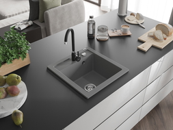 Mexen Vito 1-kamrás gránit mosogató Telma konyhai csapteleppel, szürke - 6503-71-670200-70